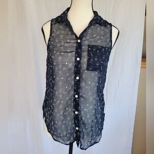 Hollister sheer Navy blue floral sleeveless button down shirt XS